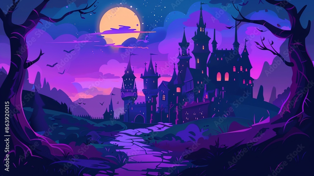 Ghost in old castle flat design front view theme medieval cartoon drawing Triadic Color Scheme Ghost in old castle flat design front view theme medieval cartoon drawing Triadic Color Scheme