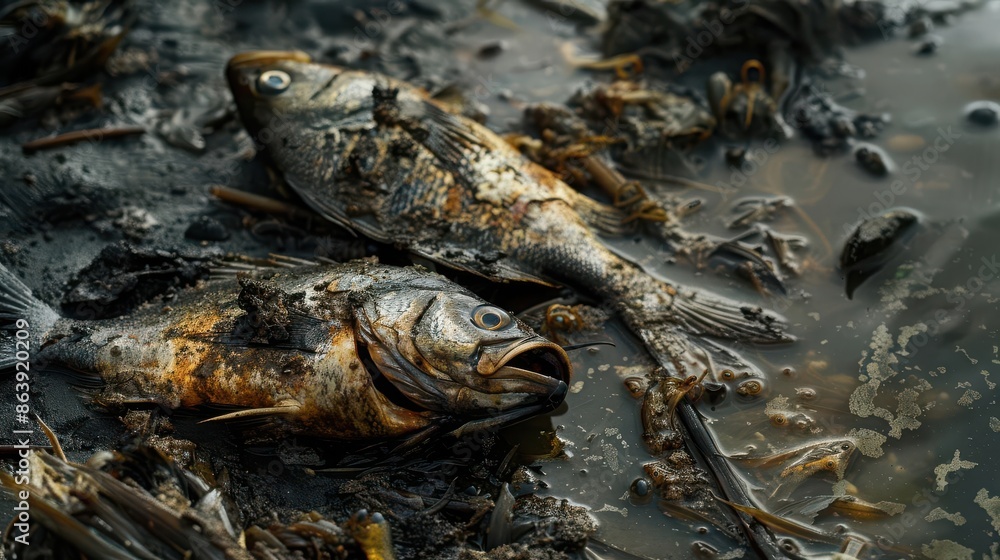 Fototapeta premium Oilcovered fish gasping for air on a polluted beach, surrounded by debris, Realism, Dark Tones, High Detail