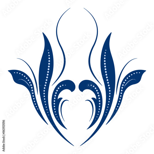 Blue leaves on white background. Folk floral vector illustration. Ethnic paisley ornament. Vintage floral design element. Fantasy geometric shapes for decor clothes, home, etc.