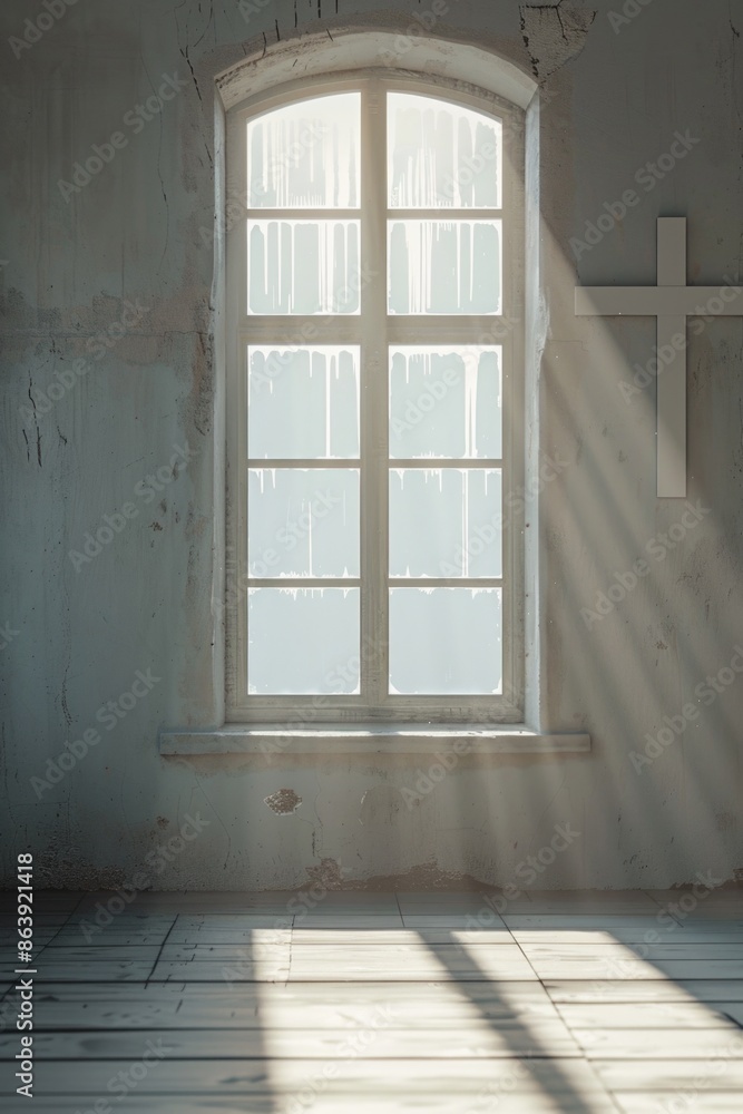 Fototapeta premium A quiet church room with a large window and a cross on the wall