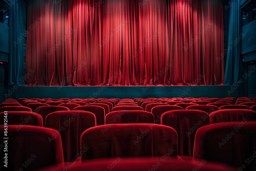 Fototapeta premium empty red velvet cinema or theater seats and stage with curtains on background.