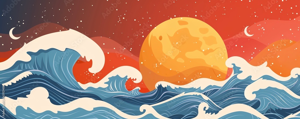 Half moon with waves flat design top view theme ocean cartoon drawing vivid Half moon with waves flat design top view theme ocean cartoon drawing vivid