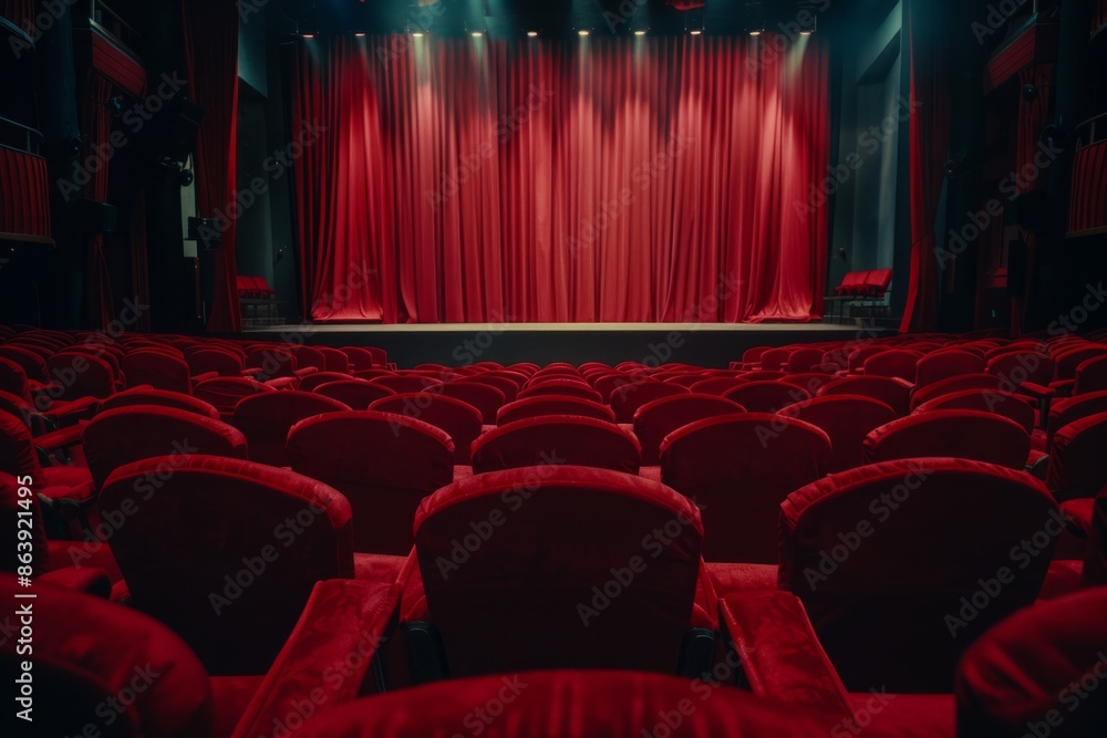 Fototapeta premium empty red velvet cinema or theater seats and stage with curtains on background.