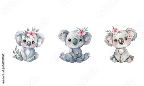 watercolor cute adorable baby koala with pink flower on head, clipart, isolated white background, clean, simple design, flat colors