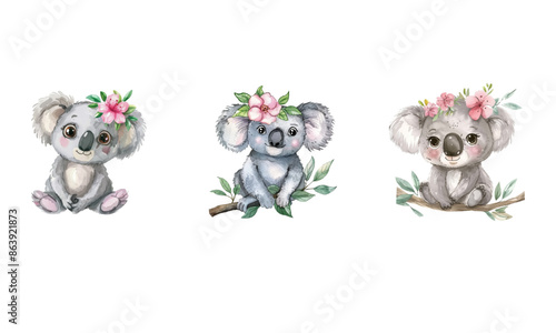 watercolor cute adorable baby koala with pink flower on head, clipart, isolated white background, clean, simple design, flat colors