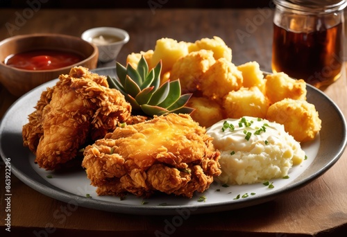 delicious crispy fried chicken meal golden brown coating juicy meat, tasty, savory, crunchy, succulent, skin, flavorful, texture, tender, mouthwatering, dinner, photo