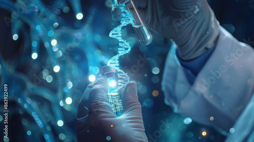 Scientist holding test tube containing spiral molecule in laboratory