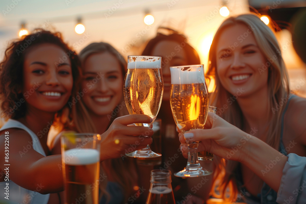 Four women are holding up their glasses of beer and smiling Four women are holding up their glasses of beer and smiling