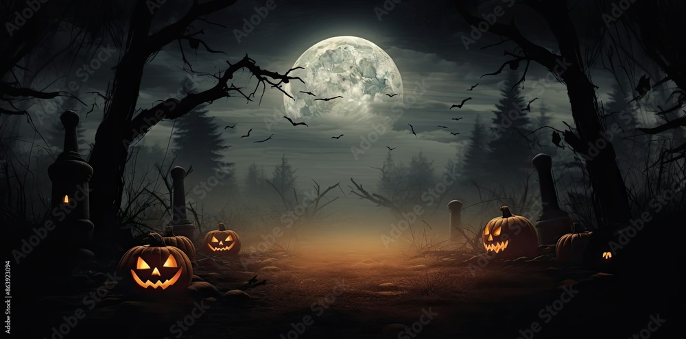 Spooky Halloween Forest Illustration with Jack-O-Lanterns and Full Moon Spooky Halloween Forest Illustration with Jack-O-Lanterns and Full Moon