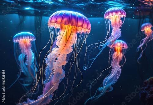 graceful jellyfish drifting close surface ocean depths, floating, underwater, sea, aquatic, transparent, bell, tentacles, pulsating, movement, serene