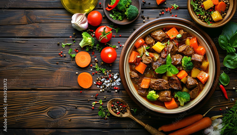 Bowl of tasty beef stew and fresh vegetables on wooden table background Bowl of tasty beef stew and fresh vegetables on wooden table background