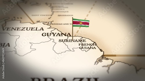 Suriname flag showing on world map with 3D rendering photo