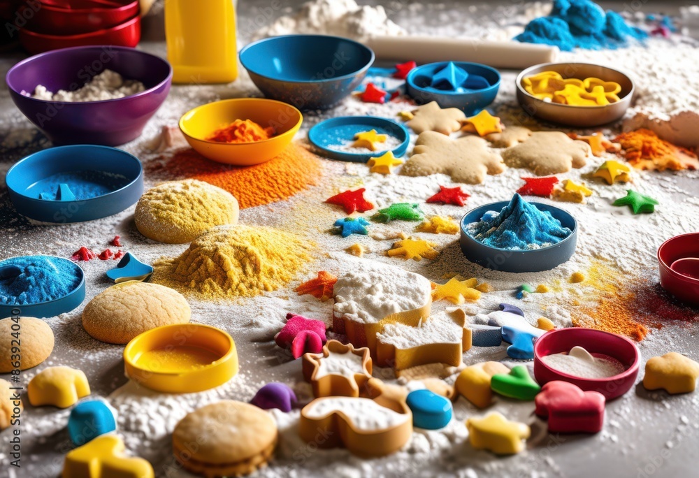 messy kitchen counter covered spilled flour cookie cutters, baking, utensils, ingredients, scattered, white, surface, cooking, preparation, tools, supplies, kitchenware, messy kitchen counter covered spilled flour cookie cutters, baking, utensils, ingredients, scattered, white, surface, cooking, preparation, tools, supplies, kitchenware,