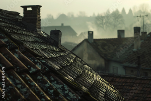 A serene view of old rooftops in a foggy village at dawn, with mist covering the landscape, evoking a sense of calm and nostalgia photo