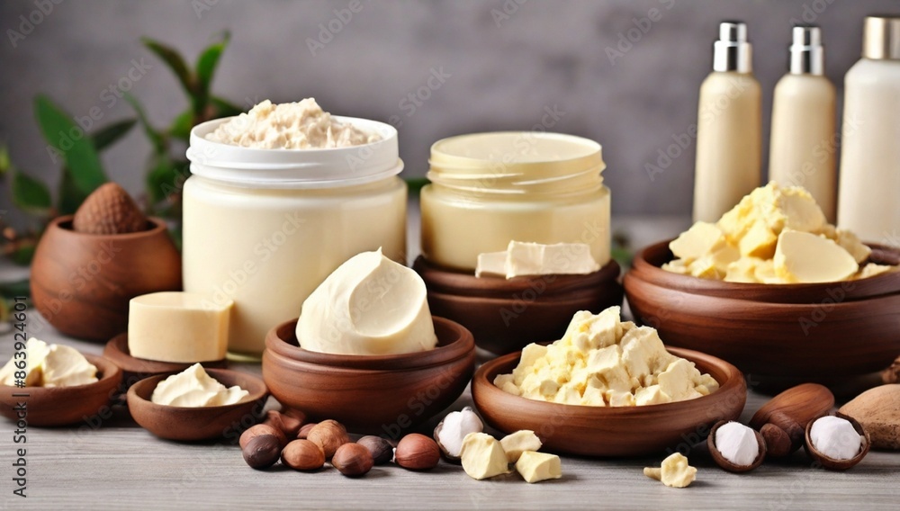 Composition of Shea butter with cosmetic products on table
Composition of Shea butter with cosmetic products on table