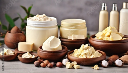 Composition of Shea butter with cosmetic products on table 