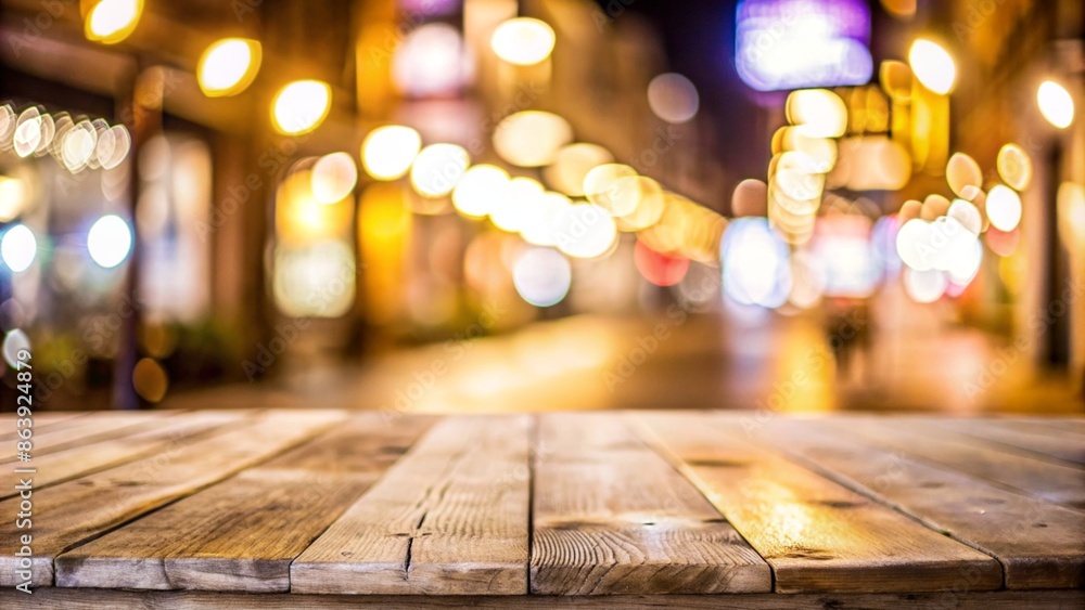 Night view of an empty rustic wooden table in the foreground with defocused lights of a town street café at background ideal for product or food display. Predominant colors are brown and yellow Night view of an empty rustic wooden table in the foreground with defocused lights of a town street café at background ideal for product or food display. Predominant colors are brown and yellow
