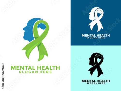 Mental Health with Ribbon Logo vector, Human think health, healthy mind logo creative color modern