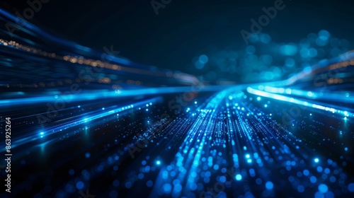 Blue light speed road in the dark background, data transfer and technology concept