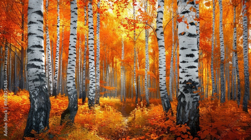 Fototapeta premium Birch forest in autumn with vibrant red and orange foliage and contrasting white bark.