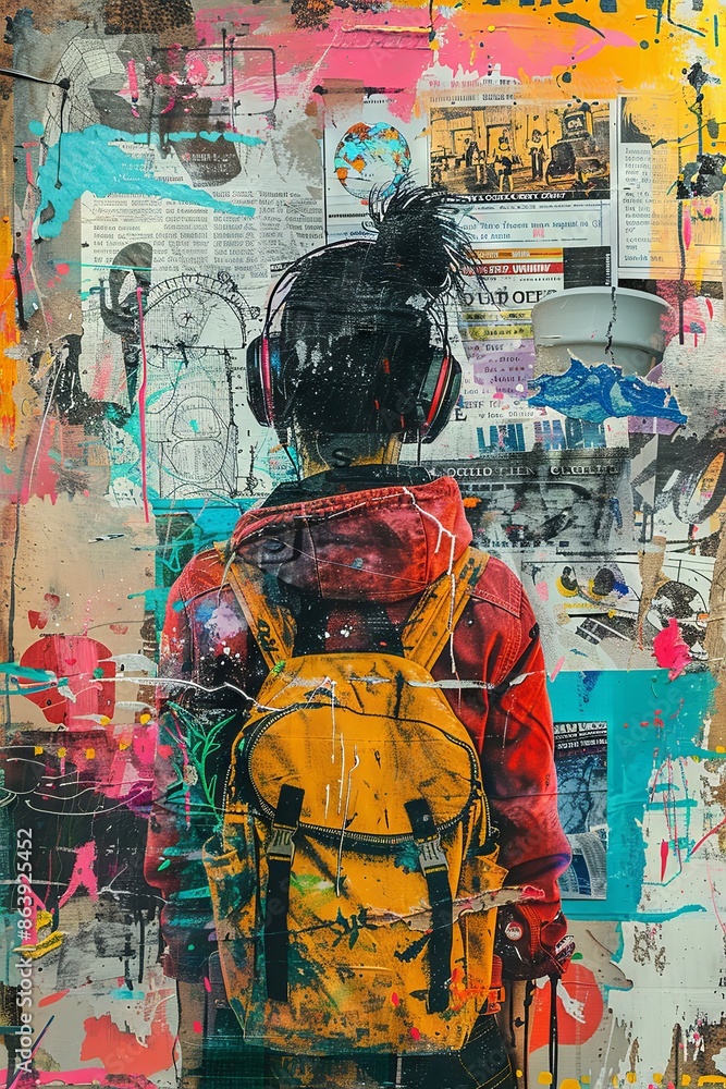 Fototapeta premium Urban Street Scene Art with Colorful Graffiti and Stylish Backpacked Individual