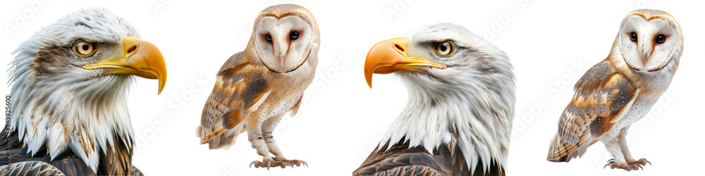Collection of eagles and owls isolated on transparent or white background Collection of eagles and owls isolated on transparent or white background