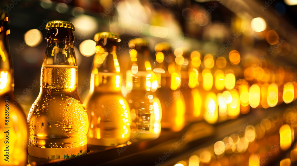 Bottles of lager beer on supermarket shelf, close-up Bottles of lager beer on supermarket shelf, close-up