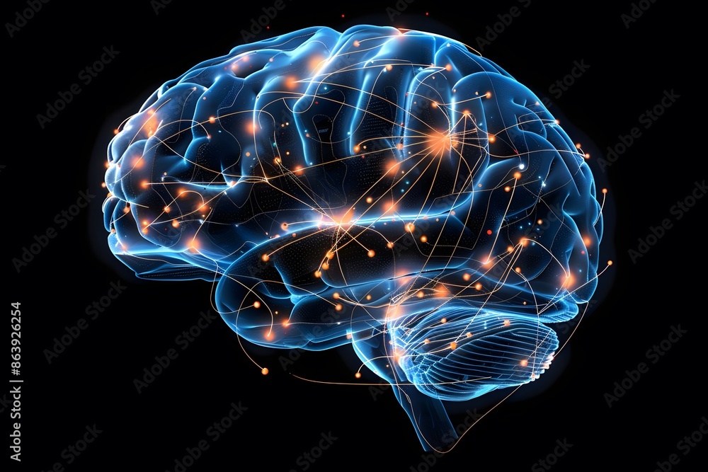 A digital illustration of a human brain with glowing neural pathways and connections.