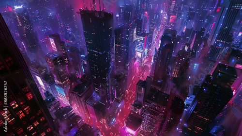 bustling cityscape at dusk from above, featuring illuminated skyscrapers, busy streets, and the vibrant nightlife below