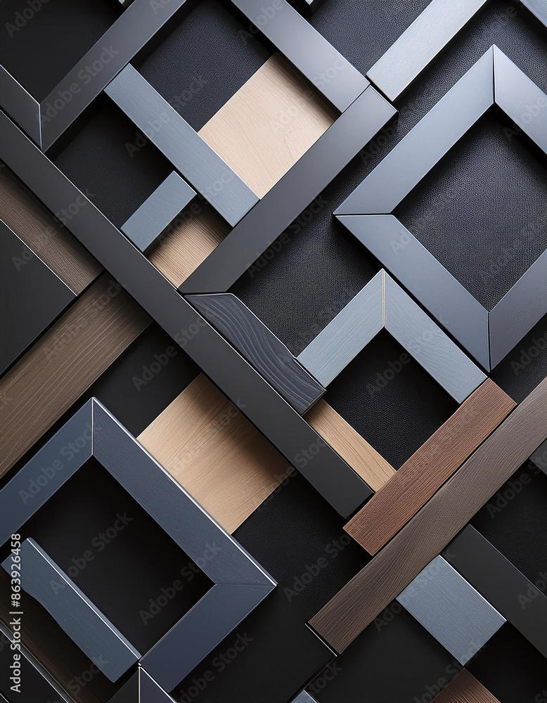 A geometric pattern of overlapping metallic frames on a textured background A geometric pattern of overlapping metallic frames on a textured background