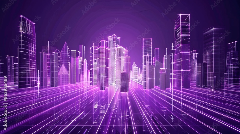 Lines moving over purple building edges in artificial reality. Alternate tech world made with 3D computer graphics. Computer animation in modern software. Lines moving over purple building edges in artificial reality. Alternate tech world made with 3D computer graphics. Computer animation in modern software.