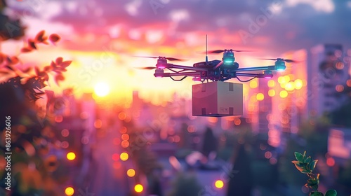 Drone Delivering Package Over City at Vibrant Sunset with Bokeh Lights © Malika
