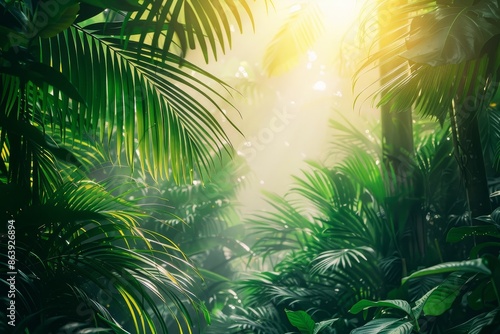 Sunlight filtering through the lush leaves of a tropical jungle. 