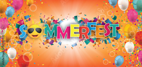 Sommerfest Header mit bunten Luftballons, Konfetti und Girlanden