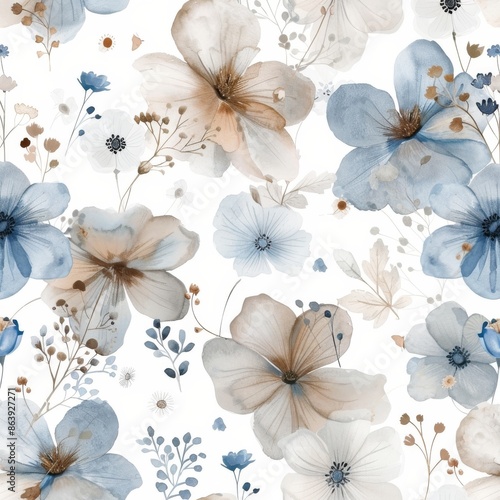 A watercolor floral pattern featuring blue, white and beige flowers. Suitable for fabric, textile, apparel.