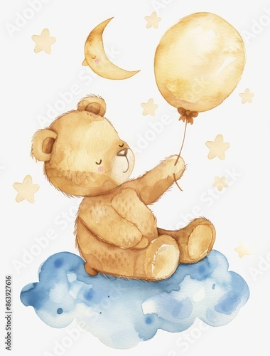 Teddy bear releases a balloon from a cloud, perfect for children's rooms. Watercolor illustration for cards, invitations, or baby showers.