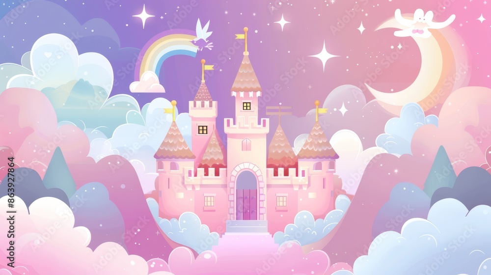 Fototapeta premium Imaginative castle in the forest. Bunnies travel. Cute city among the clouds. Room decor.