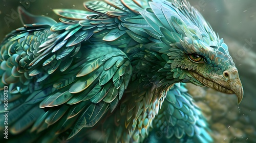 A majestic, blue and green feathered creature with sharp eyes and a beak, looking to the side. The image is a fantasy creature, similar to a bird. photo