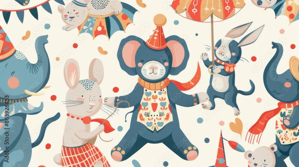 Circus show. Elephant, mouse, bunny, elephant, mouse and juggling cat attending a party. Vintage seamless pattern. Circus show. Elephant, mouse, bunny, elephant, mouse and juggling cat attending a party. Vintage seamless pattern.