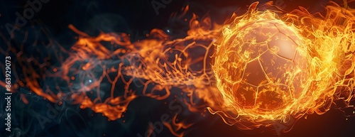 Aerial view 3D render of a flaming soccer ball flying into the goal, dark black background, vibrant flames, photorealistic detail, copyspace