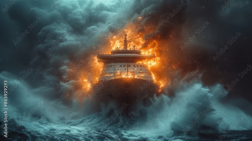 Fototapeta premium Experience the heart-wrenching moment when a passenger ship is wrecked in the open ocean during a violent storm, engulfed by fire and immense waves with no hope for the people and crew on board.