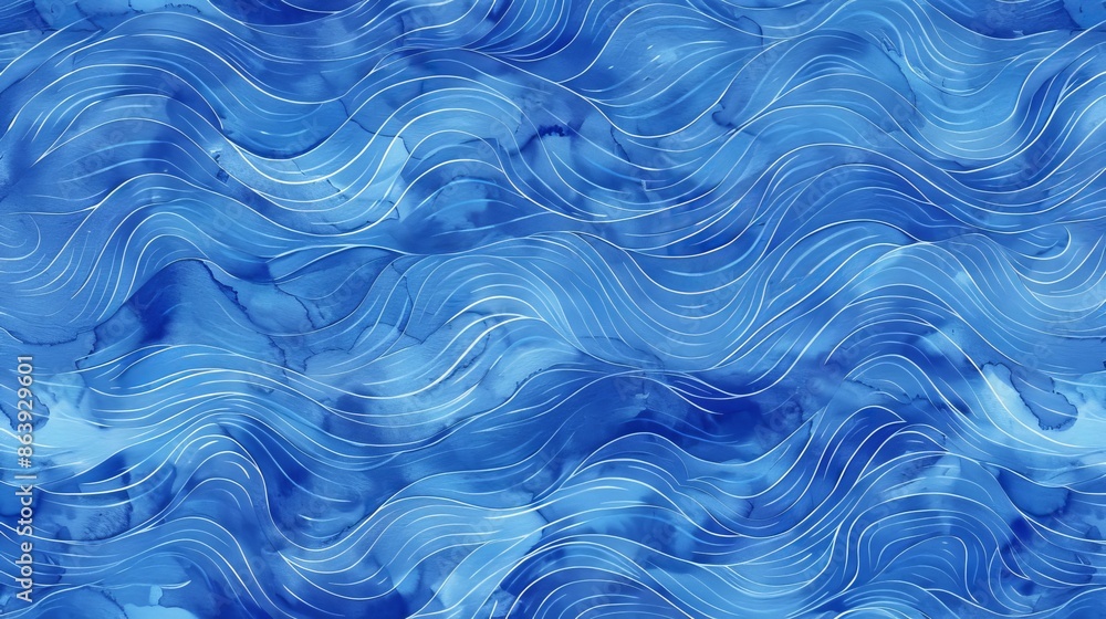 Fototapeta premium Blue seamless background with watercolor waves. Abstract waves in blue colors. Sea pattern.