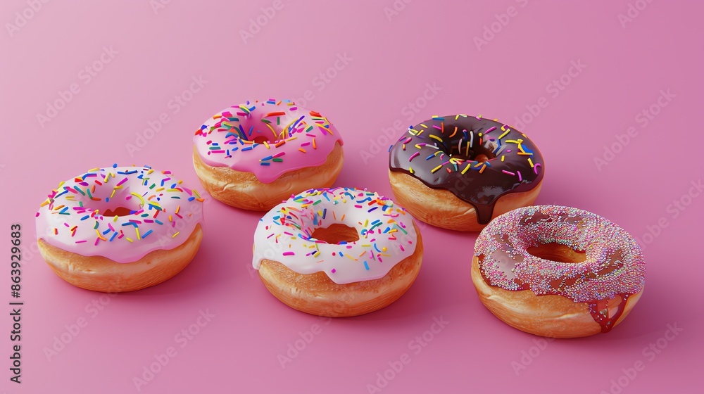 A collection of colorful donuts on a pink background. A collection of colorful donuts on a pink background.