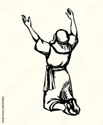Praying man with his hands up. Vector drawing