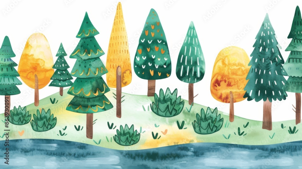 Landscape of a forest with coniferous trees in watercolor. Abstract background with nature elements. Illustration for children. Landscape of a forest with coniferous trees in watercolor. Abstract background with nature elements. Illustration for children.