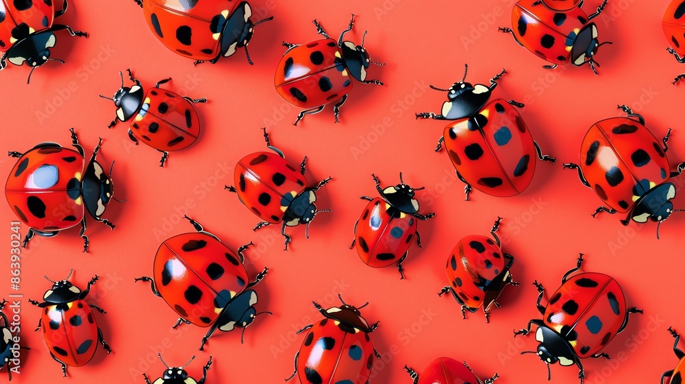 Fototapeta premium Ladybugs on a bright orange background.