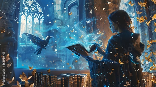 A woman in a long robe stands in a cathedral, surrounded by butterflies, holding an open book and gazing at a glowing window.