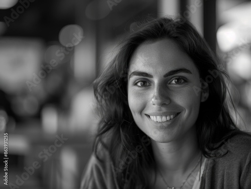 A happy woman with a warm smile in a classic black and white photograph