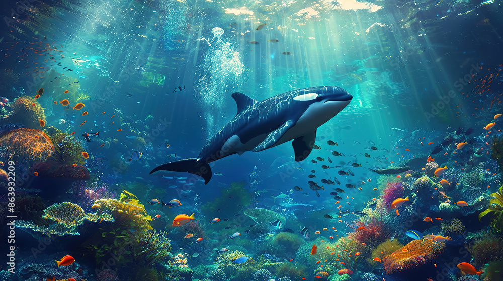 Fototapeta premium Sea World Themed Background Underwater Aquatic Landscape, Orca Whale. 