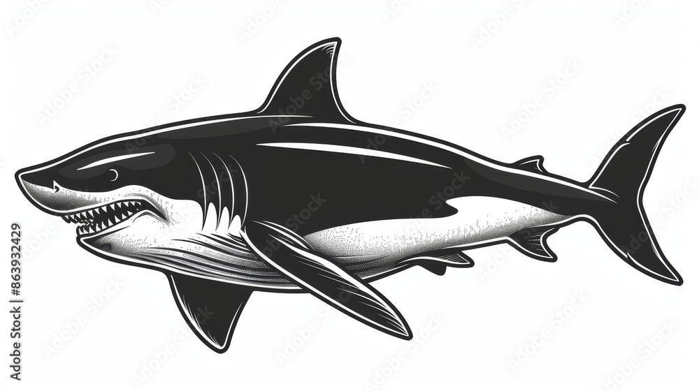 Isolated monochrome sketch icon showing giant black shark with white teeth. Dangerous aquatic animal with fins, giant sea devil. Isolated monochrome sketch icon showing giant black shark with white teeth. Dangerous aquatic animal with fins, giant sea devil.